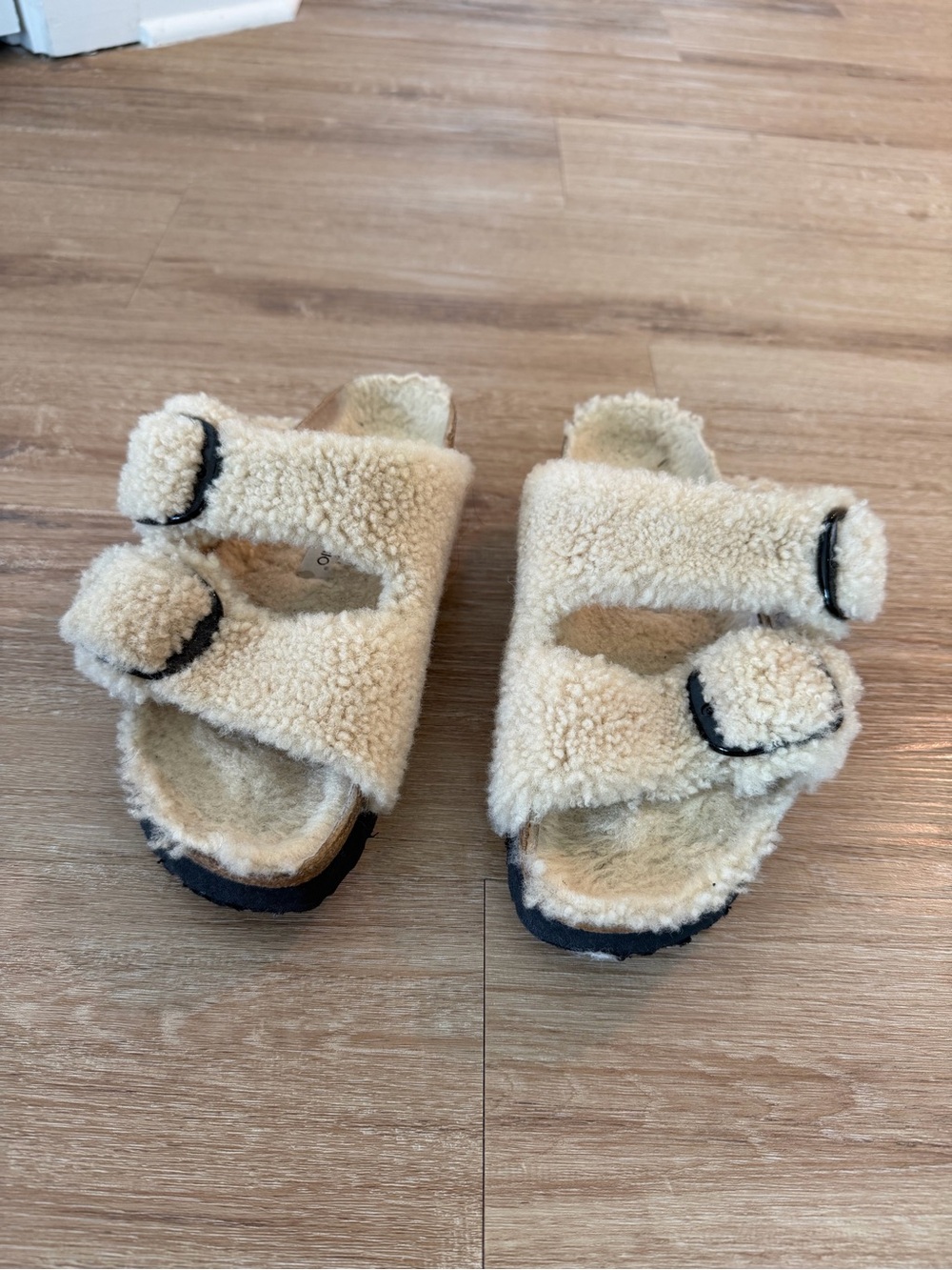 Birkenstock Shearling Double Buckle Slide Sandals in Cream
